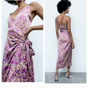 NWOT-Zara Silky Satin Wrap Purple Paisley Midi Dress Medium Floral Summer